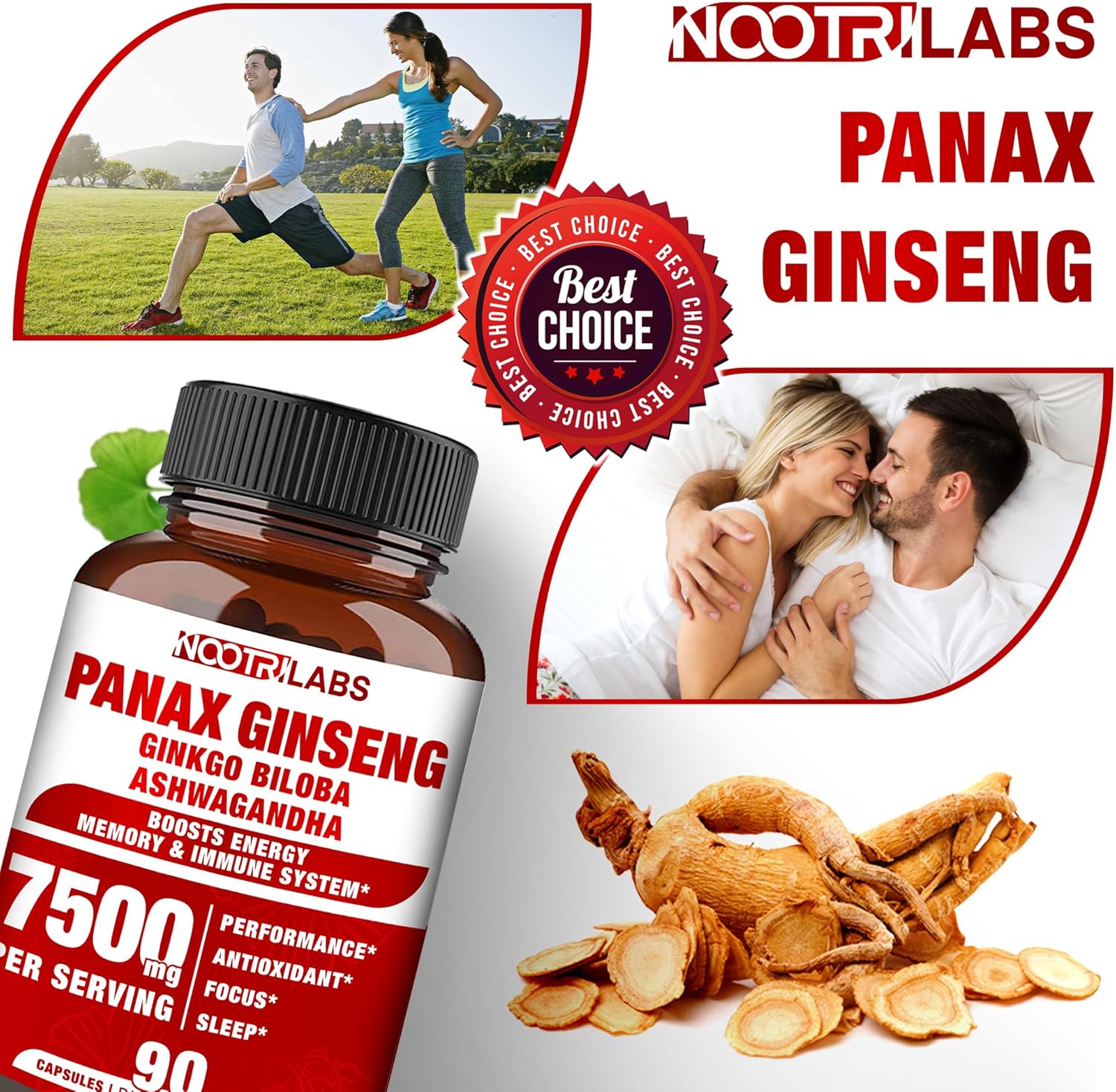 7500mg Korean Red Panax Ginseng with Ginkgo Biloba and Ashwagandha - Energy, Memory, Immune Support - 90 Vegan Capsules - Men and Women Focus Supplement