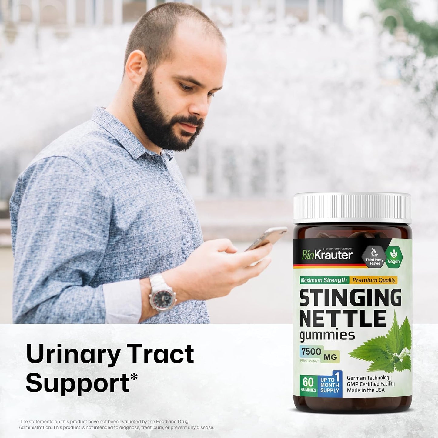 7500mg Stinging Nettle Root Gummies - 60 Chews - Vegan Urinary Support Supplement