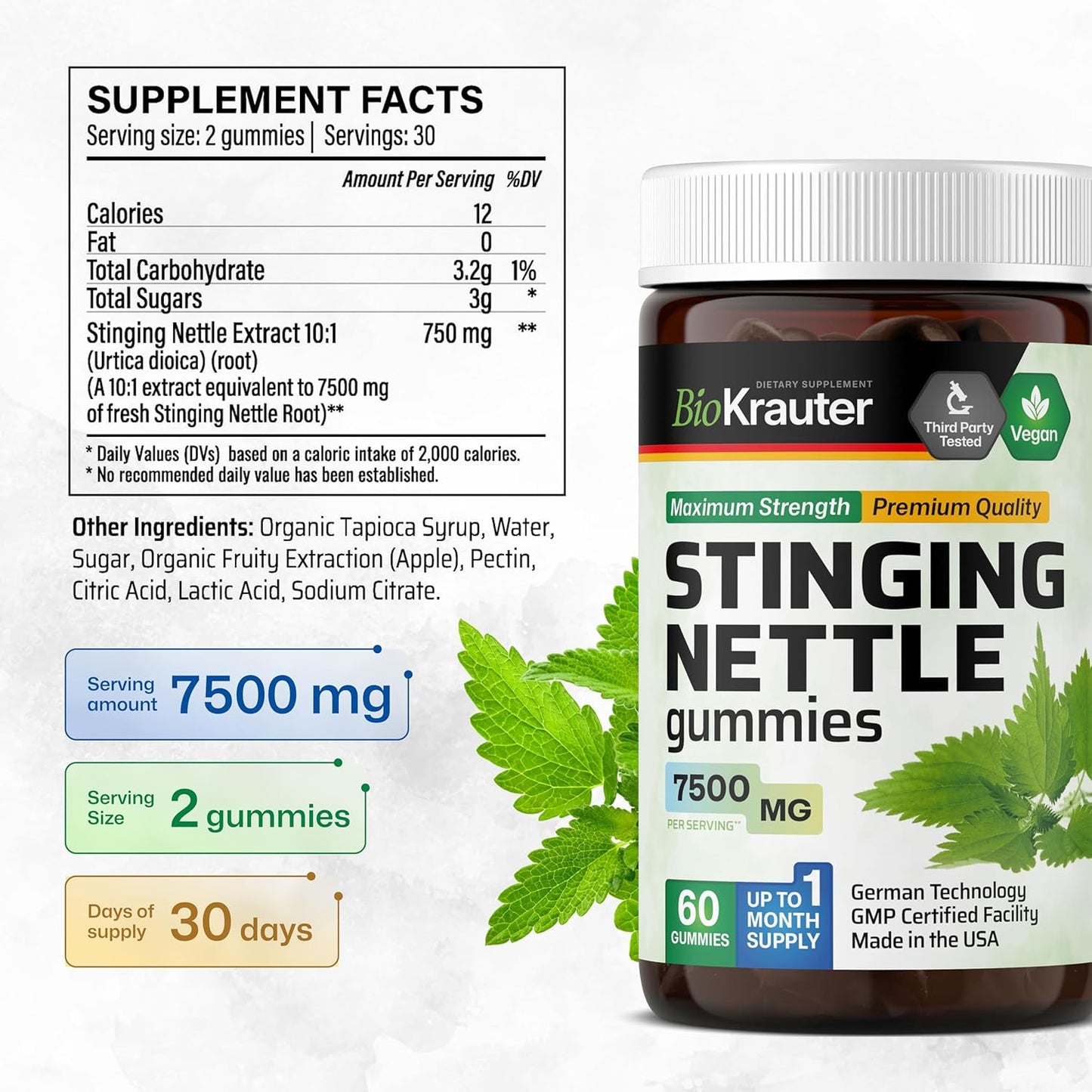 7500mg Stinging Nettle Root Gummies - 60 Chews - Vegan Urinary Support Supplement