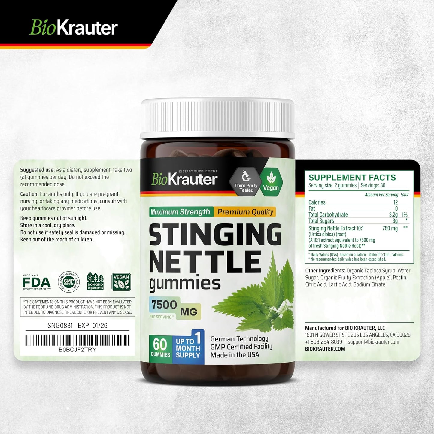 7500mg Stinging Nettle Root Gummies - 60 Chews - Vegan Urinary Support Supplement