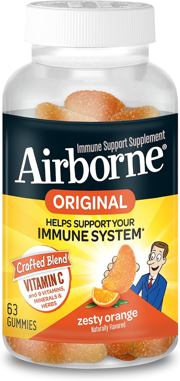 750mg Airborne Adult Vitamin C Gummies - 63 Count, Immune Support with Antioxidants C & E, Zesty Orange Flavor
