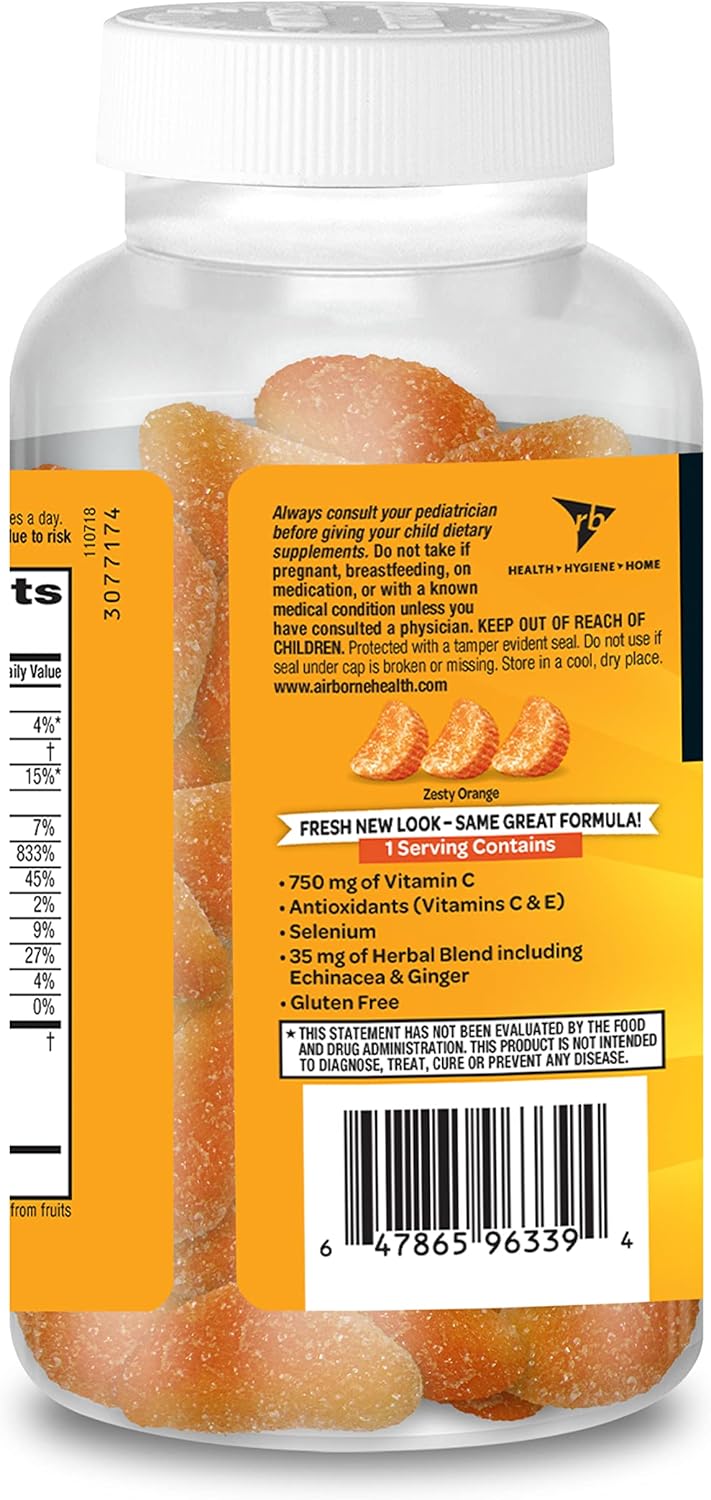 750mg Airborne Adult Vitamin C Gummies - 63 Count, Immune Support with Antioxidants C & E, Zesty Orange Flavor