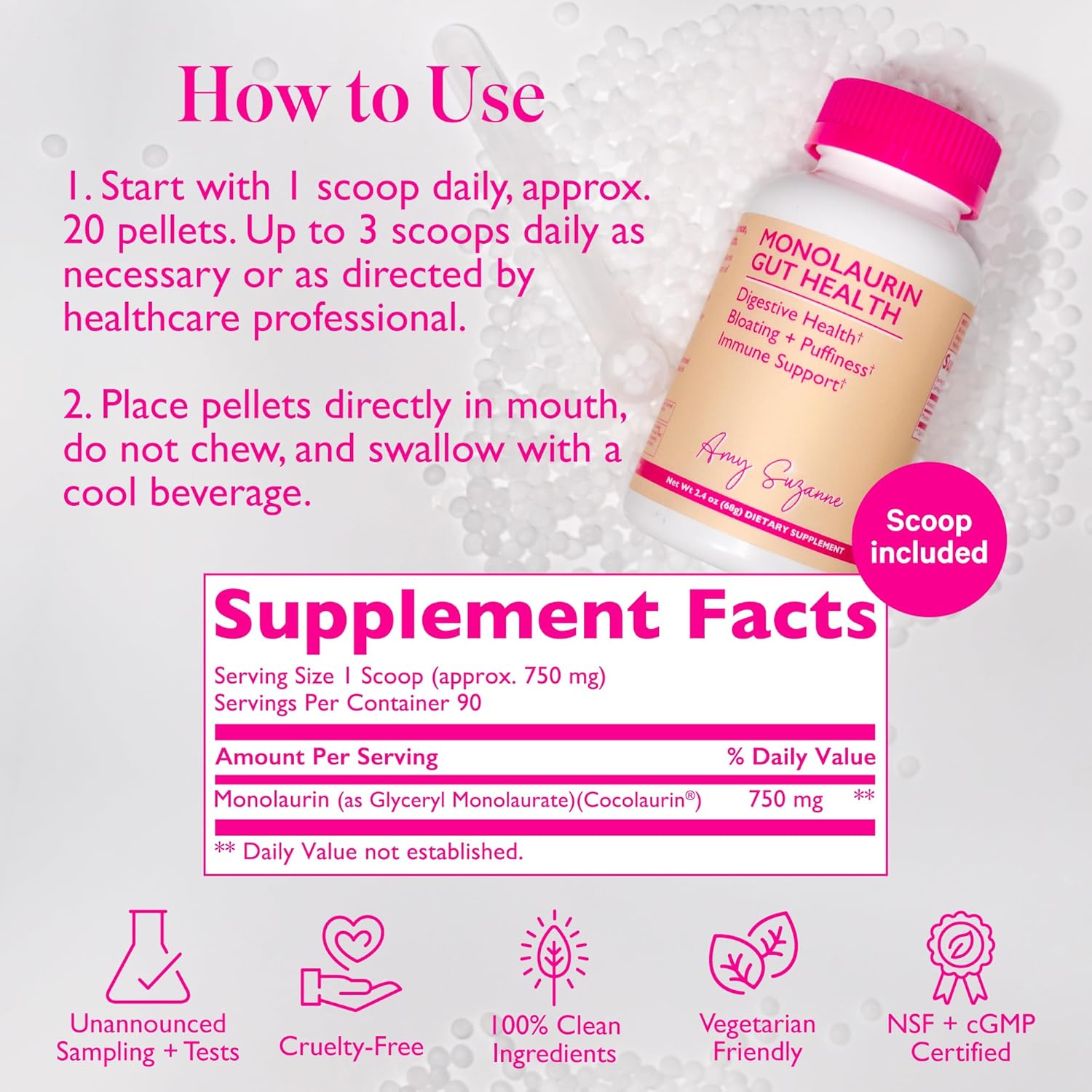 750mg Amy Suzanne Monolaurin Supplement for Gut Health, Skin, Mood, and Immune Support - Concentrated Formula for Bloating Relief - 90 Servings