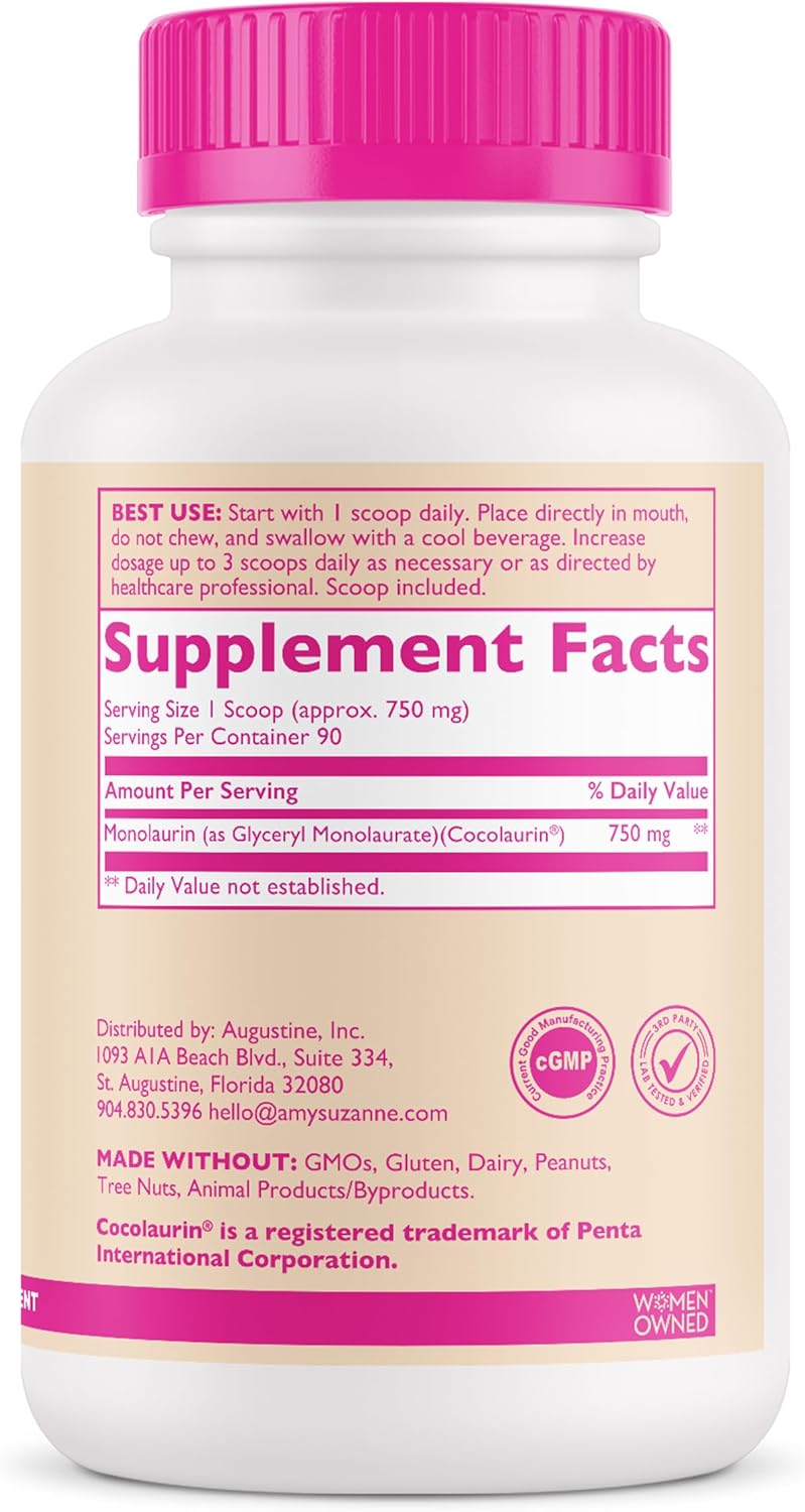 750mg Amy Suzanne Monolaurin Supplement for Gut Health, Skin, Mood, and Immune Support - Concentrated Formula for Bloating Relief - 90 Servings