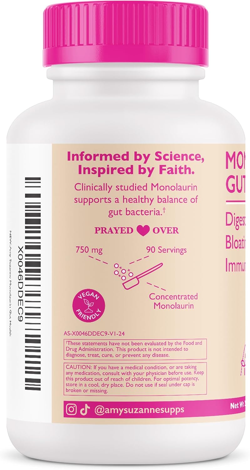 750mg Amy Suzanne Monolaurin Supplement for Gut Health, Skin, Mood, and Immune Support - Concentrated Formula for Bloating Relief - 90 Servings