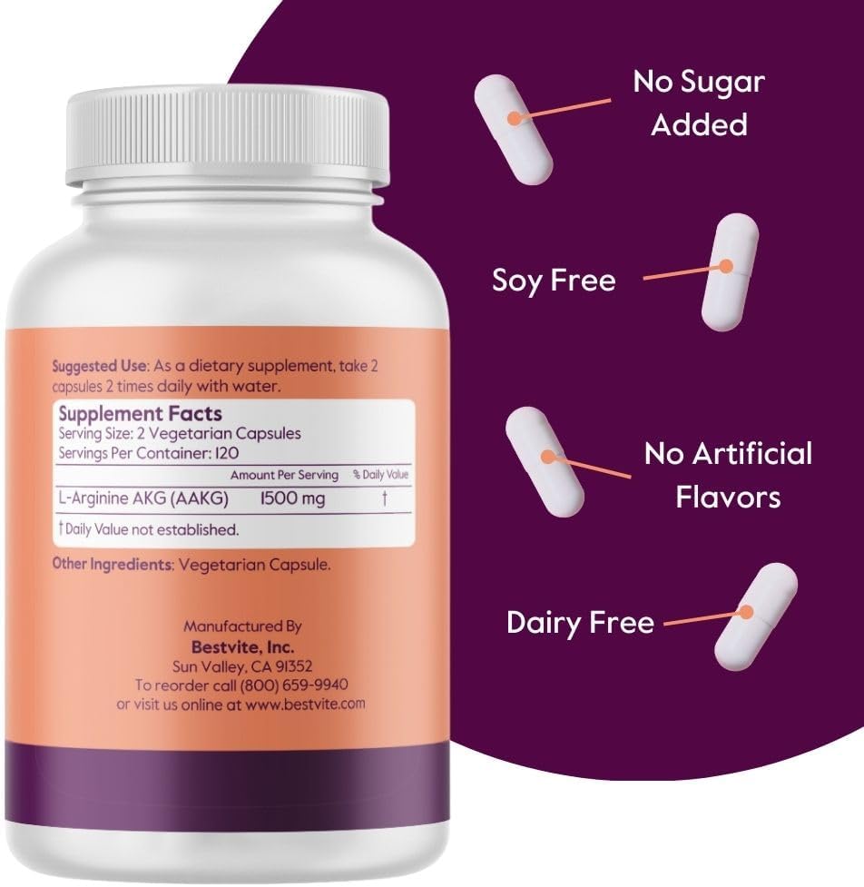 750mg Arginine AKG Supplement (240 Vegan Capsules) - Non-GMO, Gluten Free, No Stearates - BESTVITE