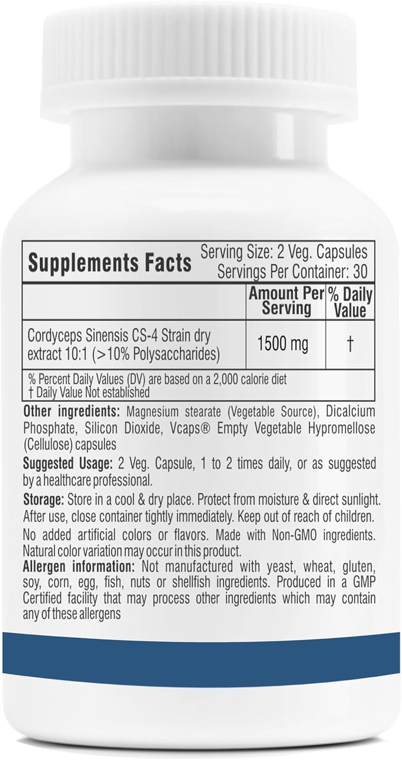 750mg Cordyceps Extract Capsules - 10% Polysaccharides for Immune Support - Vegan & Non-GMO - 60 Count