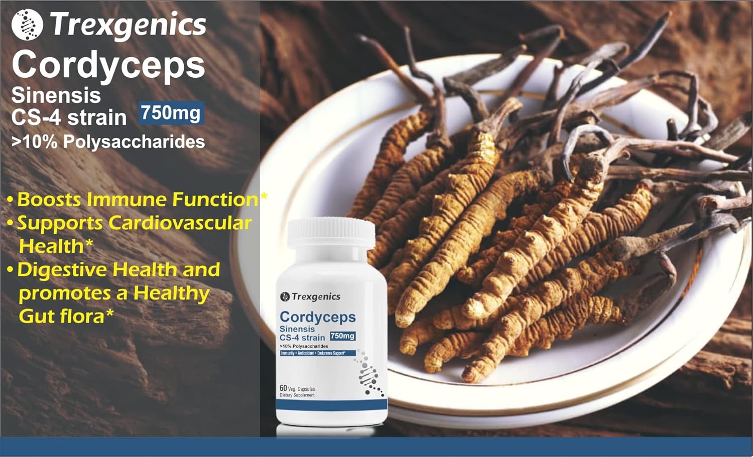 750mg Cordyceps Extract Capsules - 10% Polysaccharides for Immune Support - Vegan & Non-GMO - 60 Count
