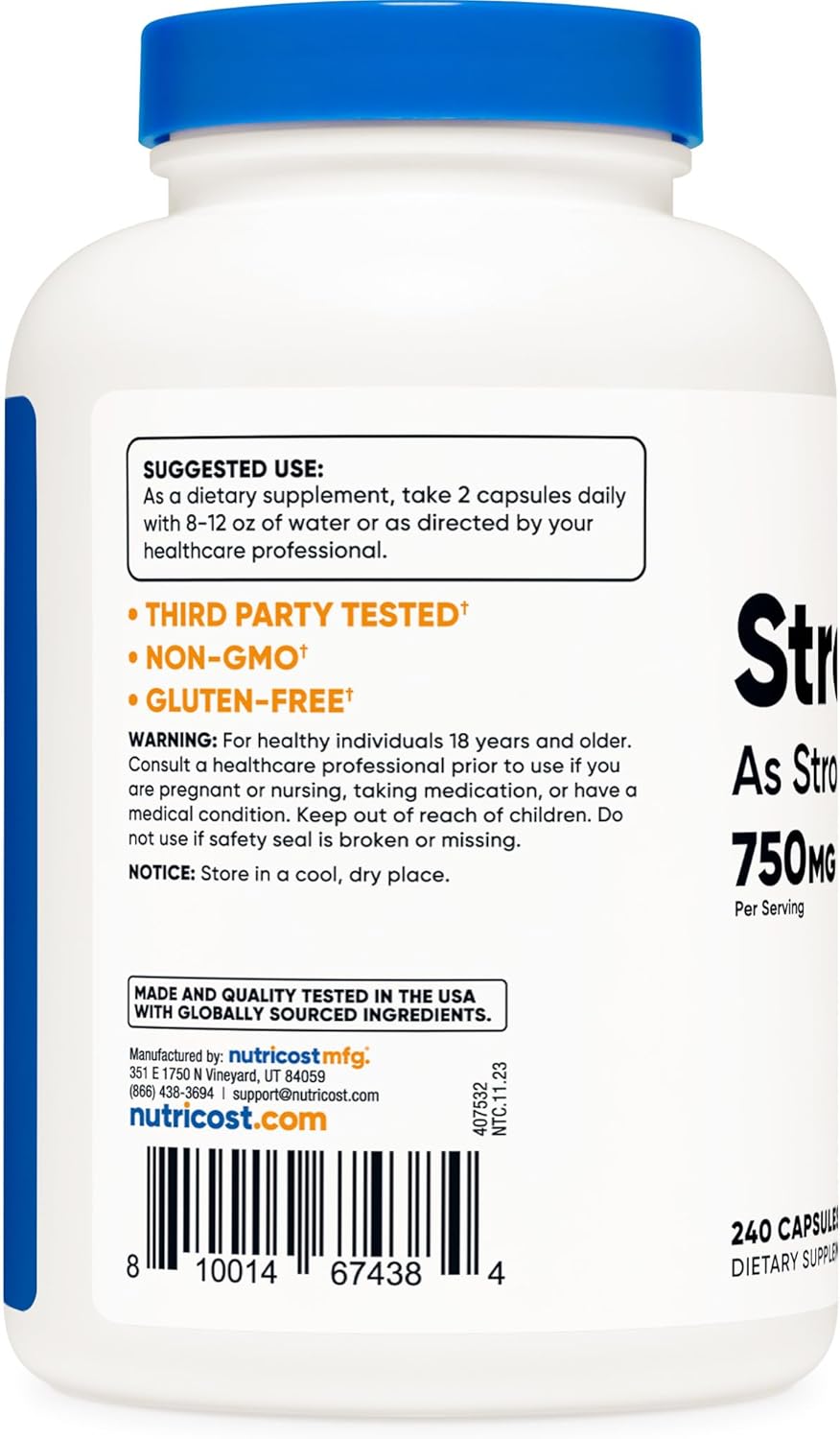 750mg Strontium Capsules - 240 Count, Vegetarian, Non-GMO, Gluten Free by Nutricost