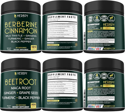 7in1 Herbpy Bundle: Berberine HCl & Beet Root Capsules for Relaxation, Immune, Digestion, and Heart Health