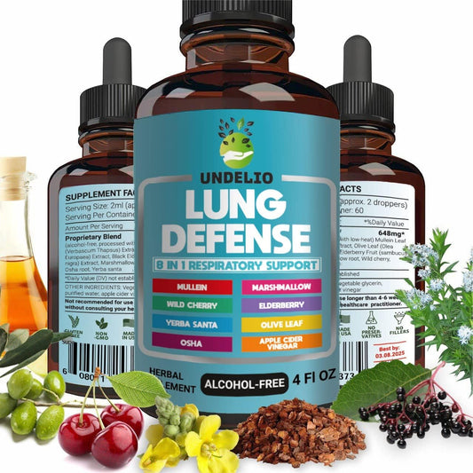 8-in-1 Lung Defense Herbal Extract for Lung Cleanse & Immune Support - Mullein, Marshmallow, OSHA, Wild Cherry, Elderberry, Yerba Santa, Olive Leaf, ACV - 4 oz Liquid Supplement