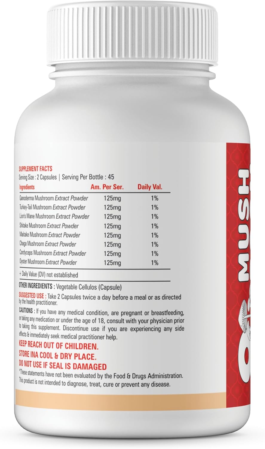 8 Mushroom Complex Supplement - 90 Capsules with Lions Mane, Turkey Tail, Cordyceps, Reishi, Shitake, Maitake, Chaga, Oyster Mushroom Extract for Immune Support and Brain Boost