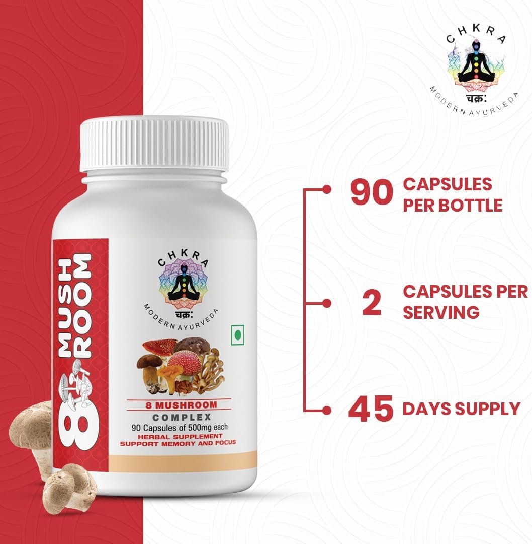 8 Mushroom Complex Supplement - 90 Capsules with Lions Mane, Turkey Tail, Cordyceps, Reishi, Shitake, Maitake, Chaga, Oyster Mushroom Extract for Immune Support and Brain Boost