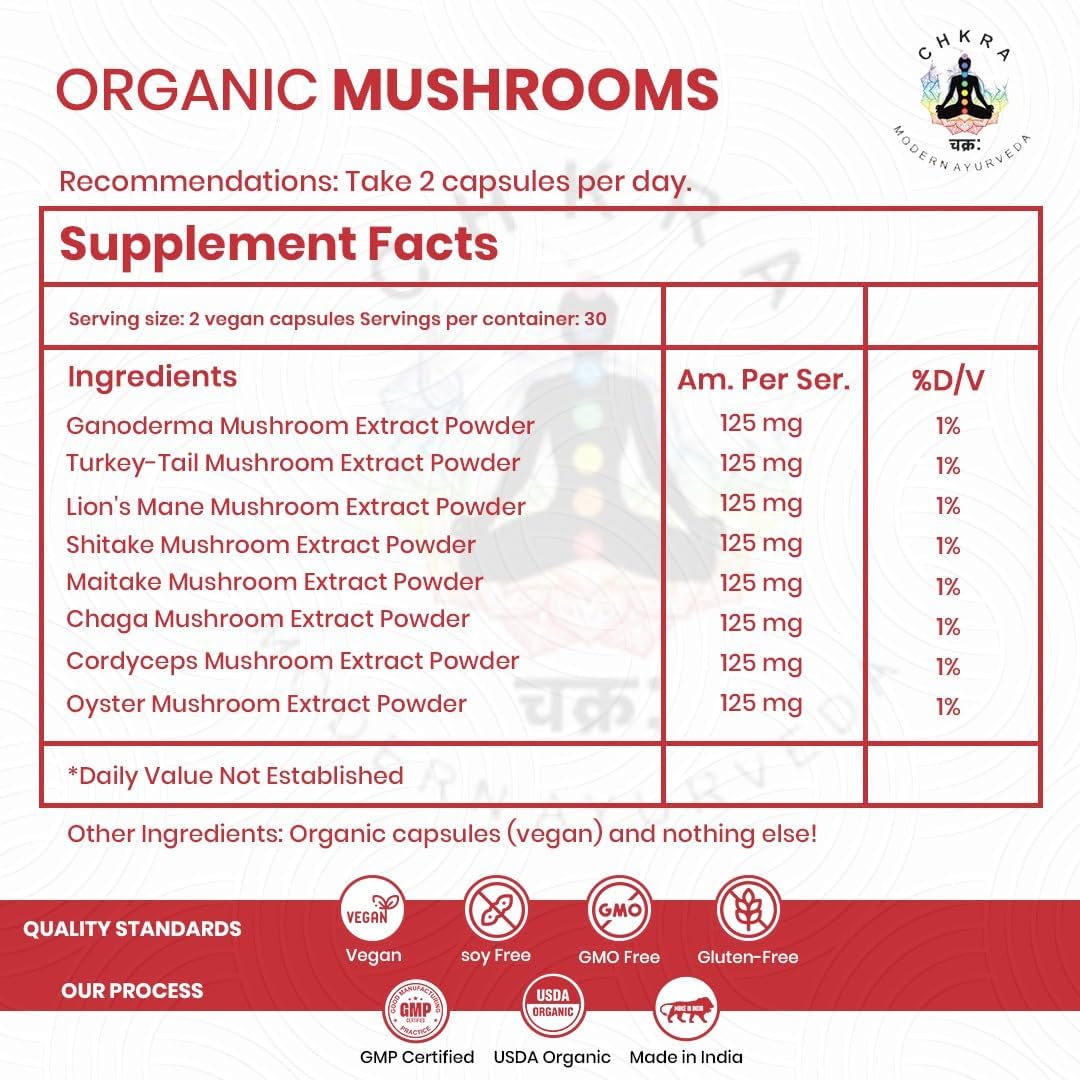 8 Mushroom Complex Supplement - 90 Capsules with Lions Mane, Turkey Tail, Cordyceps, Reishi, Shitake, Maitake, Chaga, Oyster Mushroom Extract for Immune Support and Brain Boost