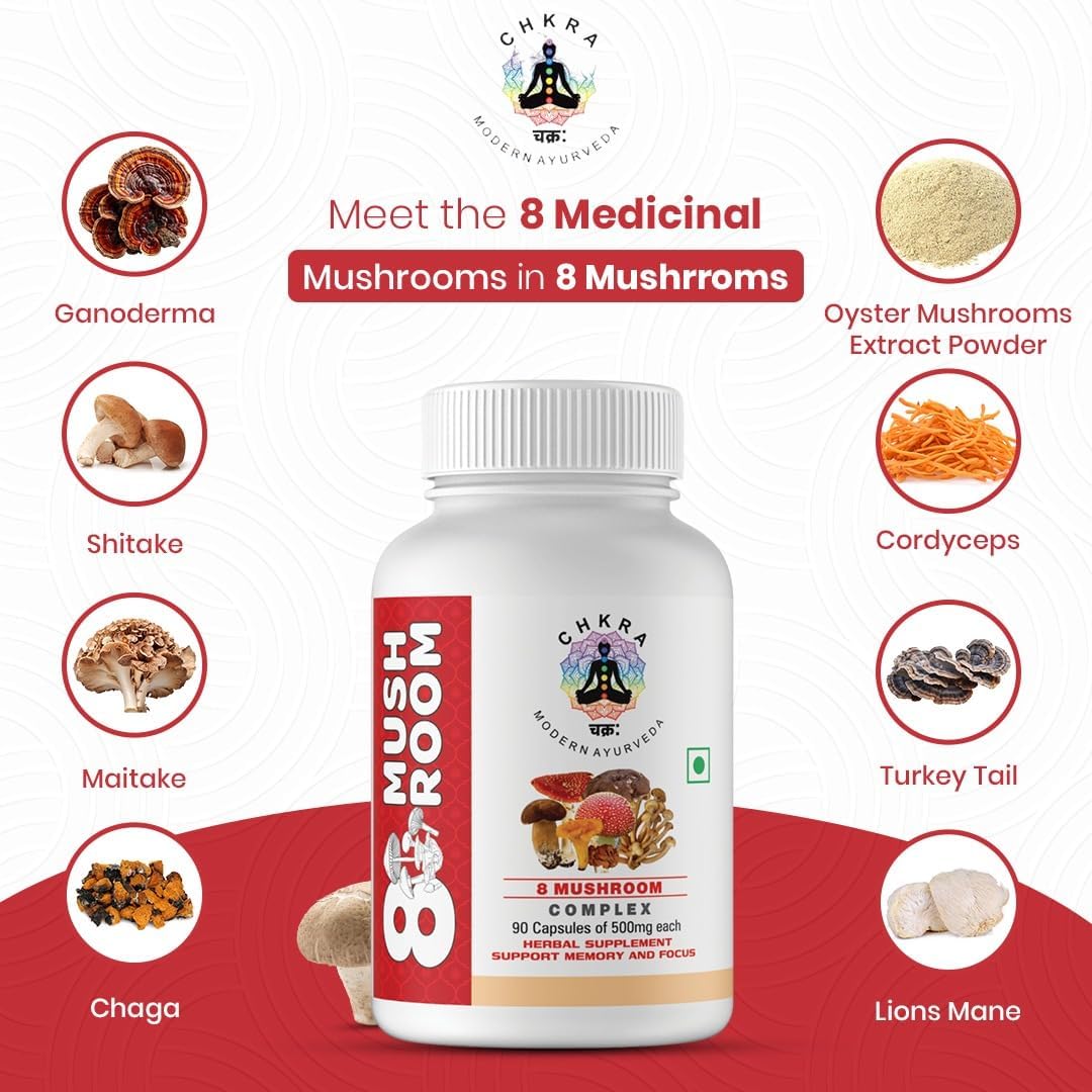 8 Mushroom Complex Supplement - 90 Capsules with Lions Mane, Turkey Tail, Cordyceps, Reishi, Shitake, Maitake, Chaga, Oyster Mushroom Extract for Immune Support and Brain Boost