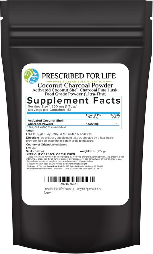 8 oz Activated Coconut Shell Charcoal Fine Husk Powder - Food Grade, Organic Approved
