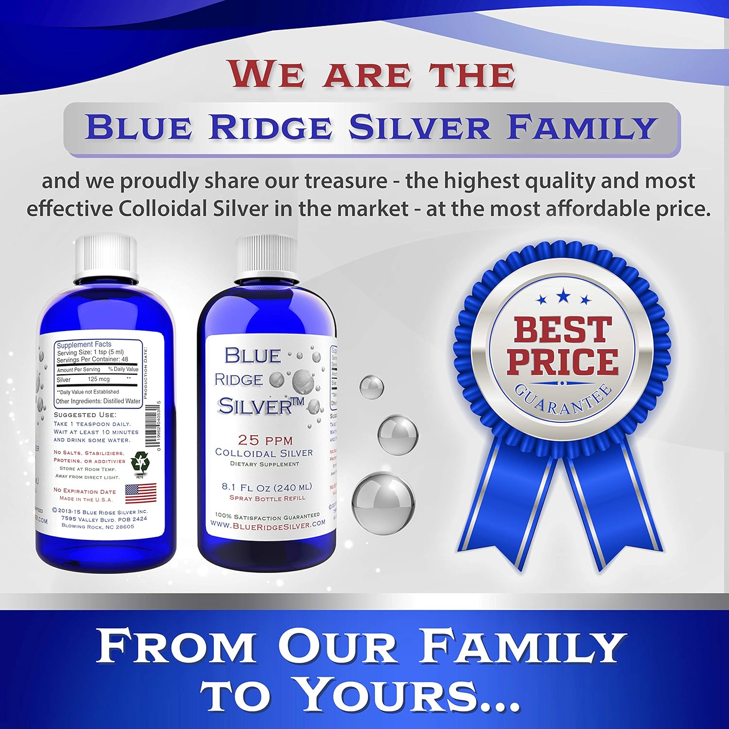 8 oz Blue Ridge Silver Colloidal Silver 25 ppm - Natural Immune Support Health Supplement