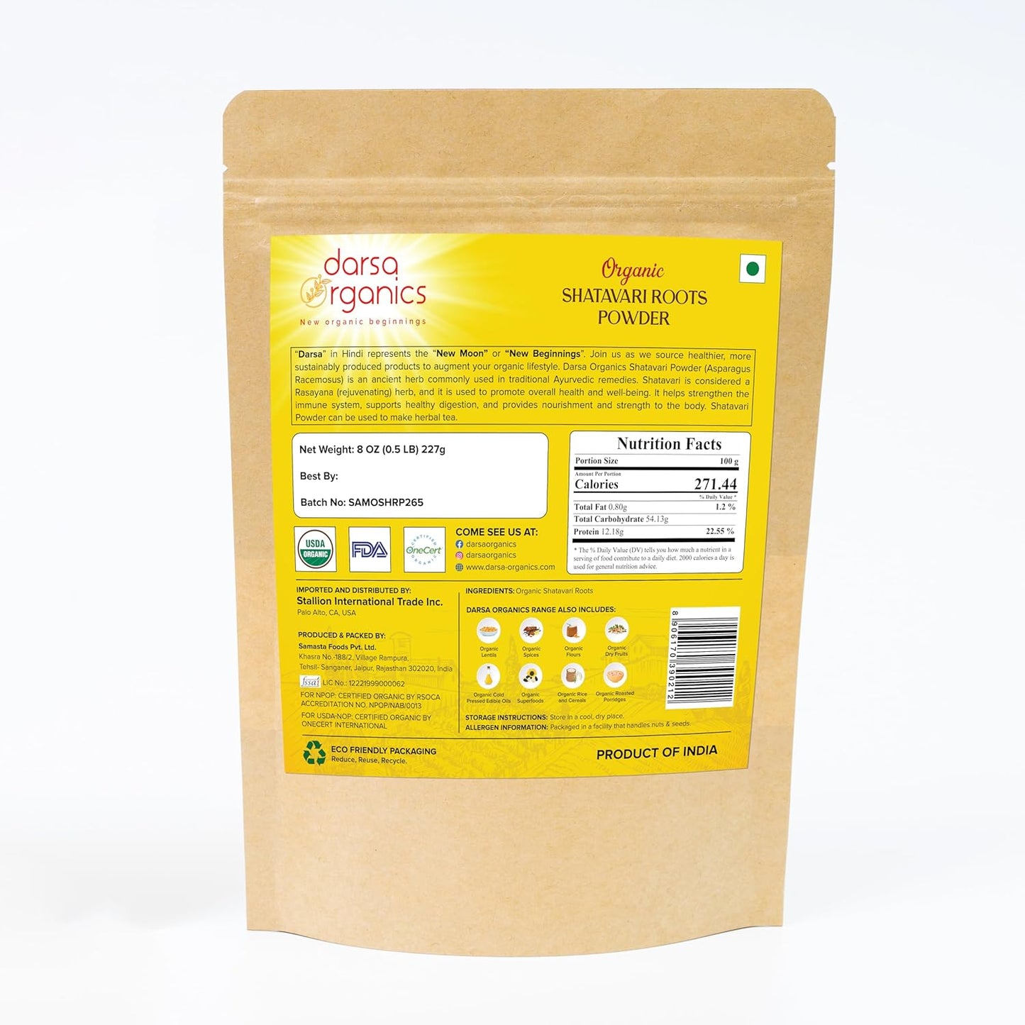 8 oz Darsa Organics Shatavari Powder - USDA Organic Asparagus Racemosus for Female Hormonal Balance, Tea & Smoothies