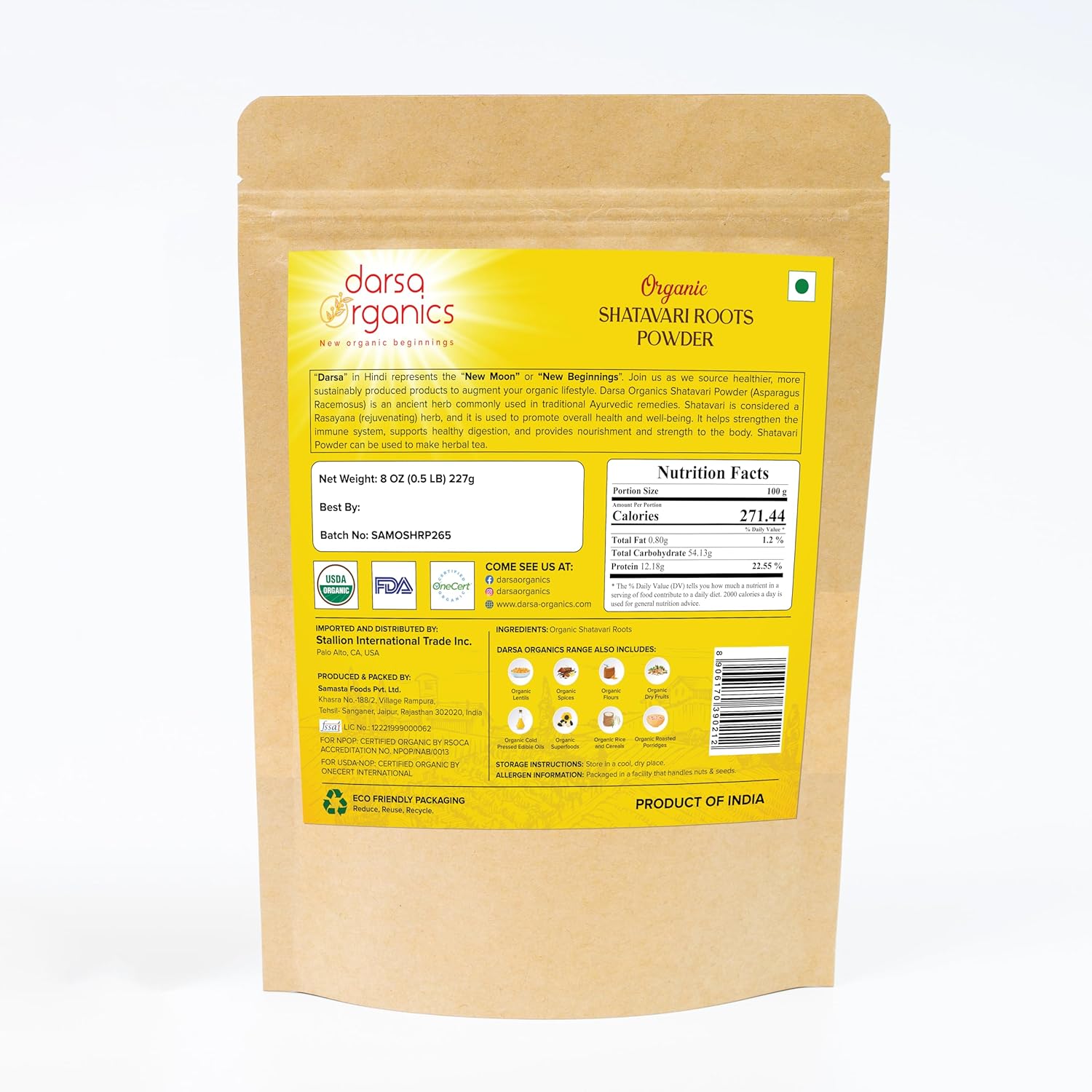 8 oz Darsa Organics Shatavari Powder - USDA Organic Asparagus Racemosus for Female Hormonal Balance, Tea & Smoothies