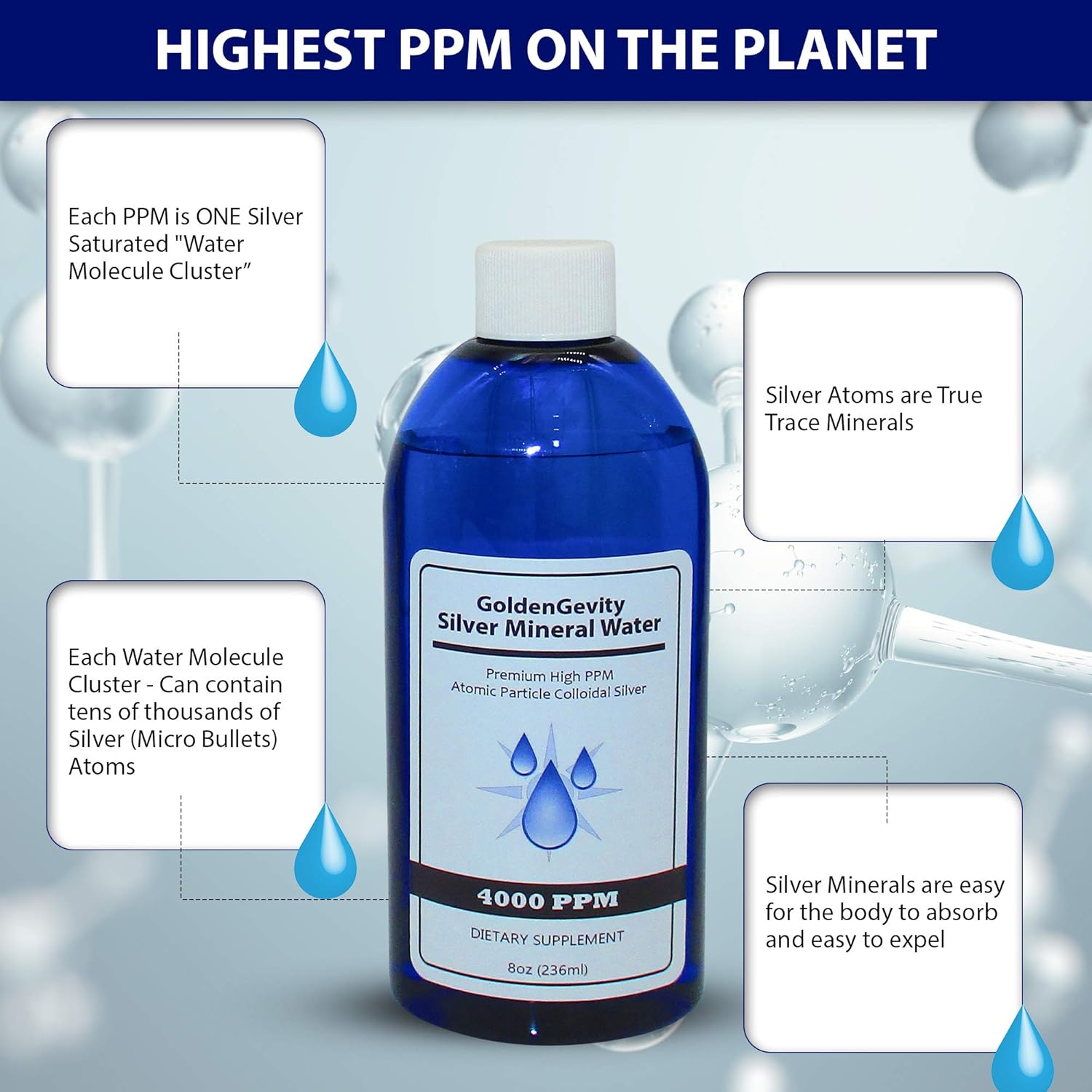 8 oz GoldenGevity 4000 PPM Bioactive Atomic Colloidal Silver | Non-GMO Trace Mineral Immune Support Supplement