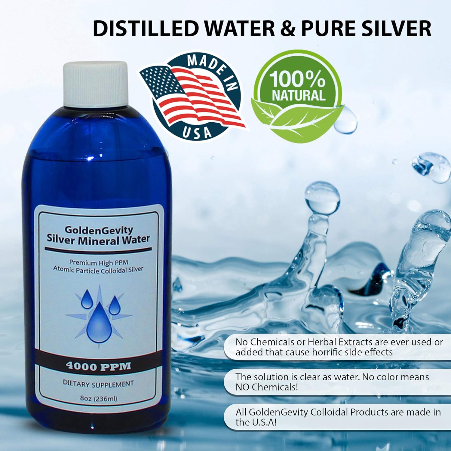8 oz GoldenGevity 4000 PPM Bioactive Atomic Colloidal Silver | Non-GMO Trace Mineral Immune Support Supplement