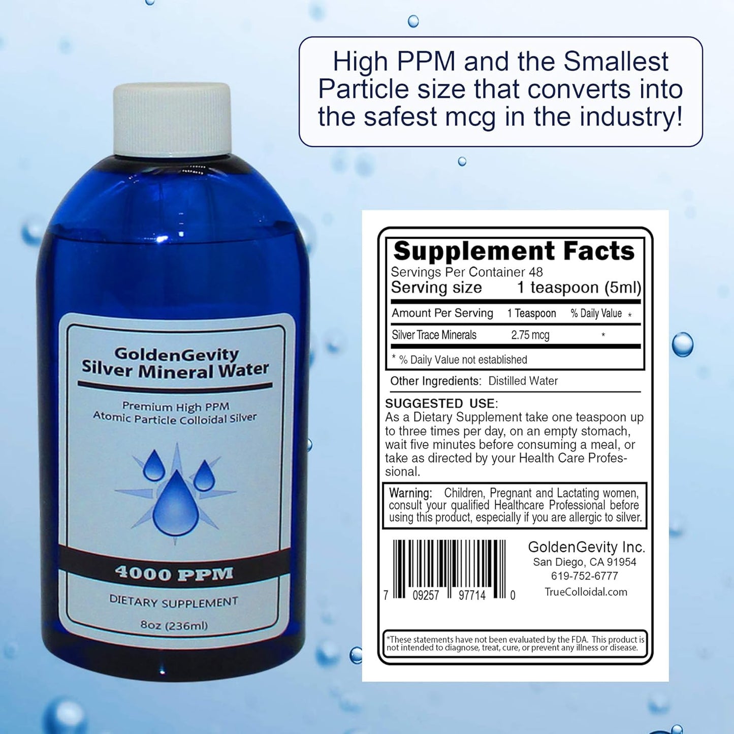 8 oz GoldenGevity 4000 PPM Bioactive Atomic Colloidal Silver | Non-GMO Trace Mineral Immune Support Supplement