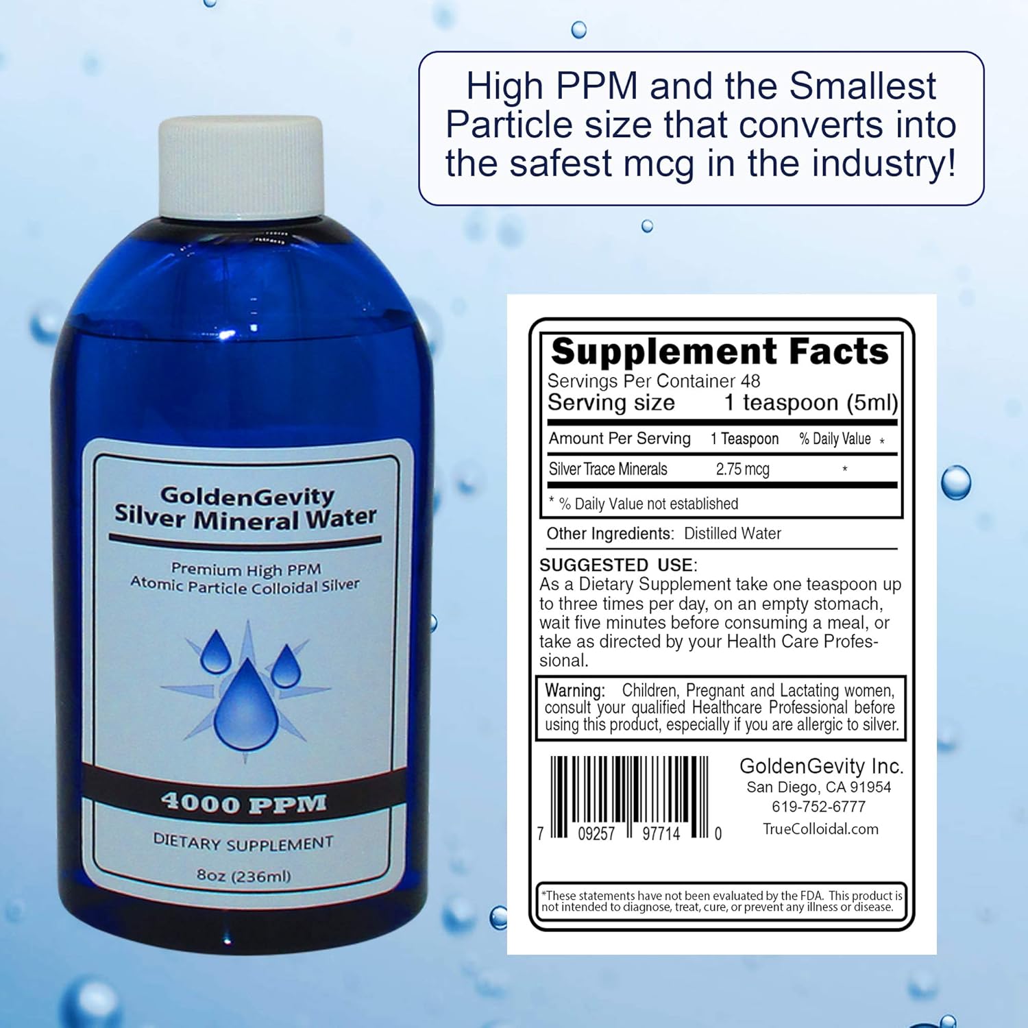 8 oz GoldenGevity 4000 PPM Bioactive Atomic Colloidal Silver | Non-GMO Trace Mineral Immune Support Supplement