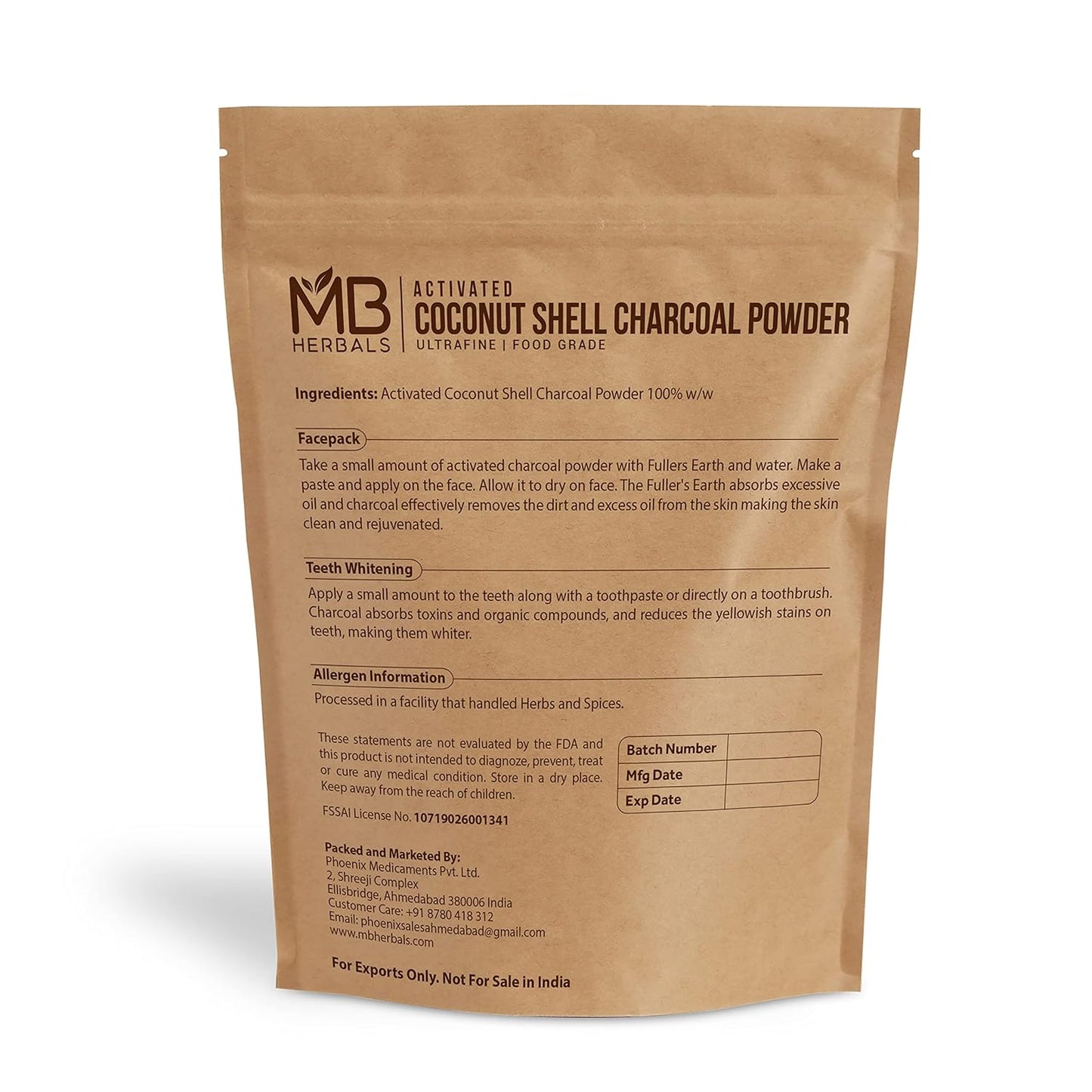 8 oz MB Herbals Food Grade Coconut Charcoal Powder for Detox, Face Packs, Soap Making, ToothPowder - Activated Charcoal from Coconut Shell
