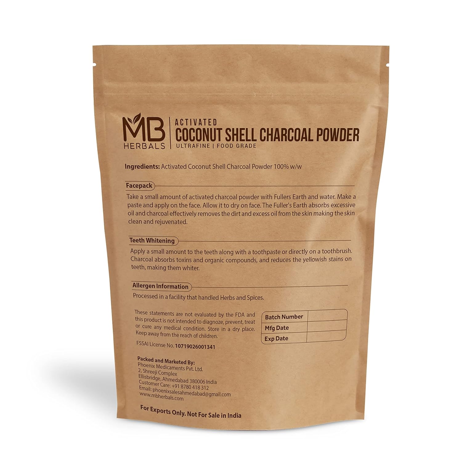 8 oz MB Herbals Food Grade Coconut Charcoal Powder for Detox, Face Packs, Soap Making, ToothPowder - Activated Charcoal from Coconut Shell