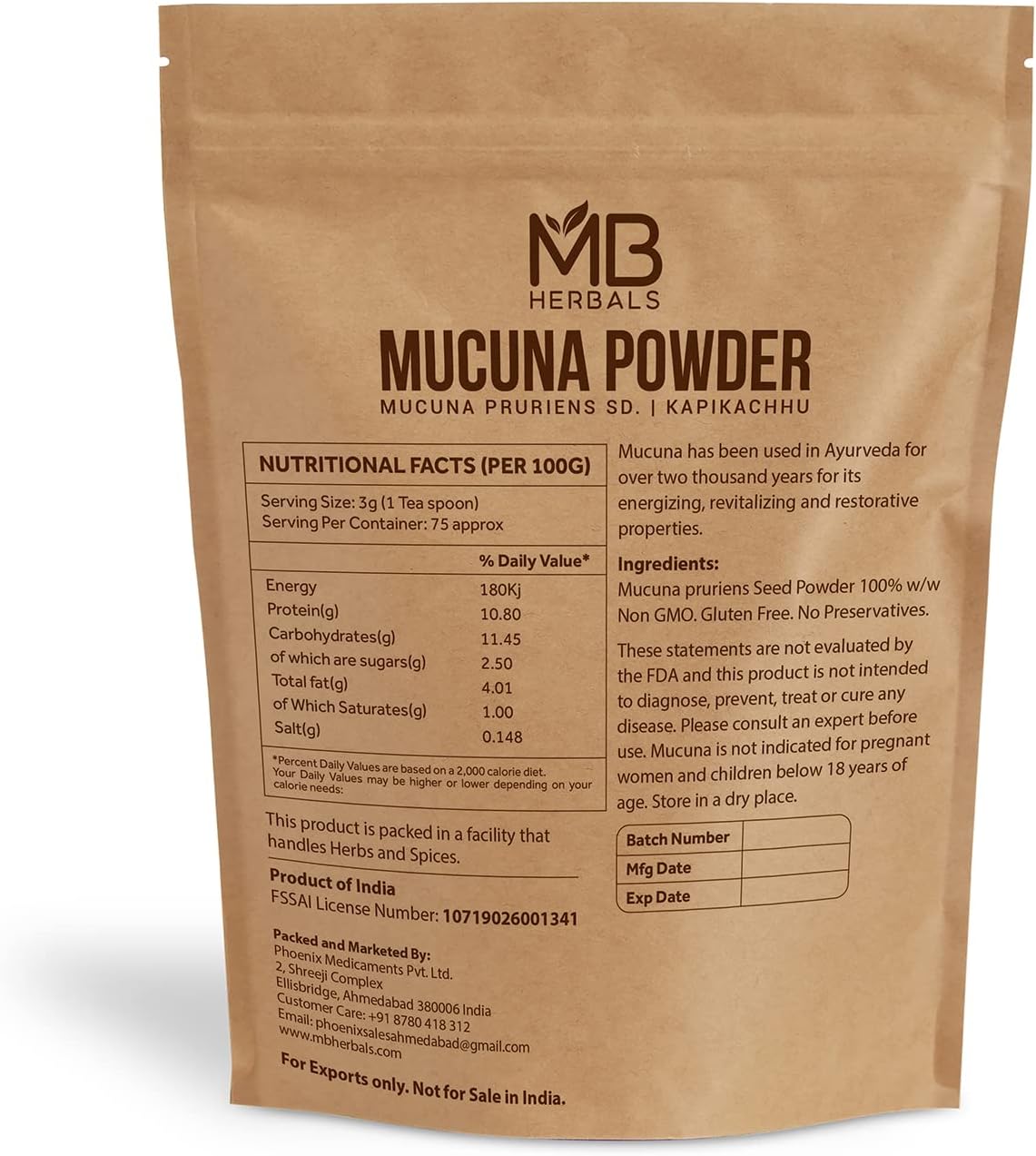 8 oz Mucuna Pruriens Seed Powder by MB Herbals - Half Pound Size