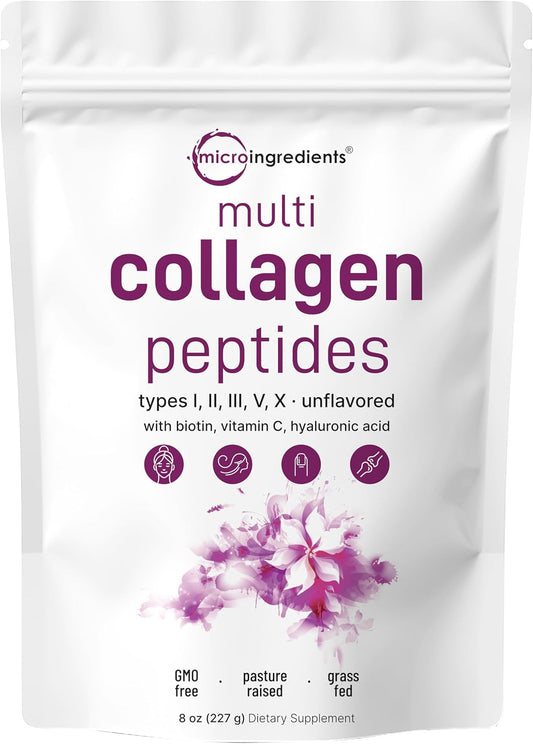 8 Oz Multi Collagen Peptides Powder with Hyaluronic Acid, Biotin, Vitamin C - Unflavored Hydrolyzed Protein Peptides for Keto & Paleo Drinks