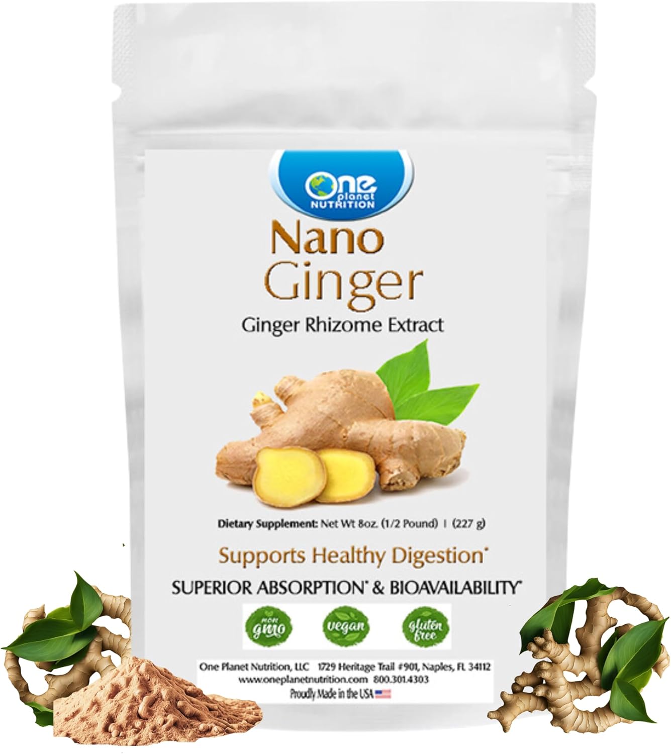 8 oz One Planet Nutrition Nano Ginger Root Powder - 227 Servings, Extract for Digestive Health, Superior Absorption, Excipient-Free, Non-GMO, Vegan, Gluten Free