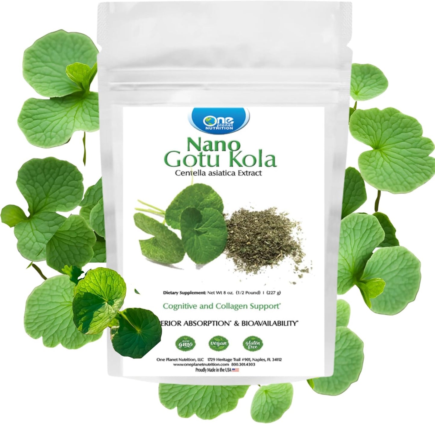 8 oz One Planet Nutrition Nano Gotu Kola Powder - 227 Servings, Enhances Brain Function & Collagen Synthesis, Non-GMO, Vegan, Gluten-Free, Nano-Enhanced Absorption