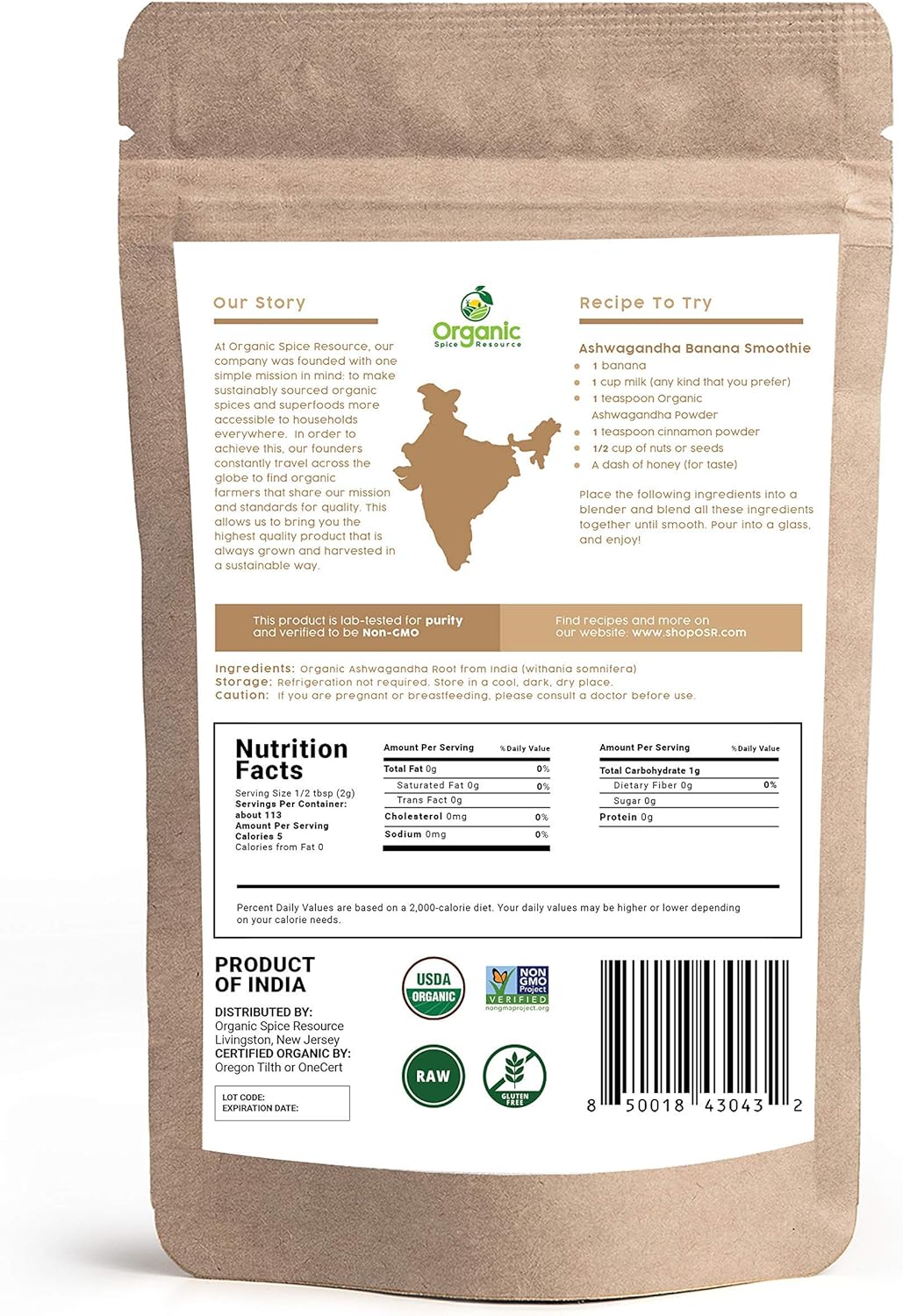 8 oz Organic Ashwagandha Root Powder | Lab Tested, Non-GMO, Indian Ginseng | 100% Raw from India | Resealable Bag by SHOPOSR