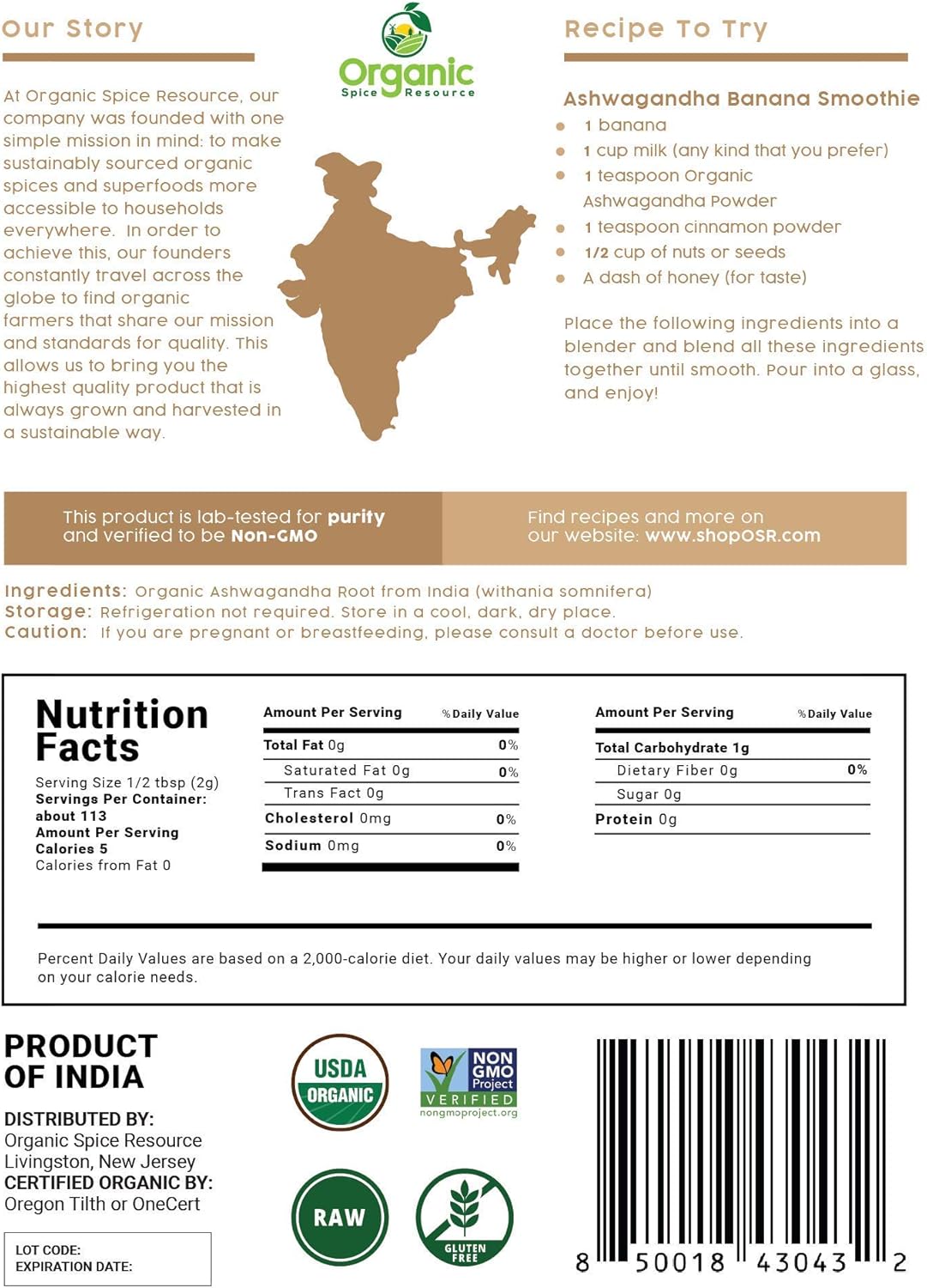 8 oz Organic Ashwagandha Root Powder | Lab Tested, Non-GMO, Indian Ginseng | 100% Raw from India | Resealable Bag by SHOPOSR