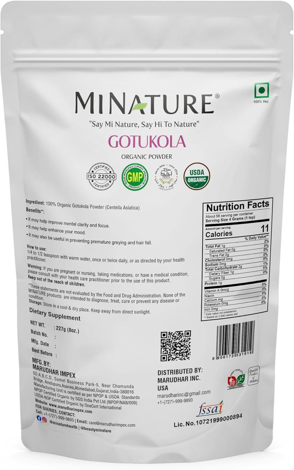 8 oz Organic Gotu Kola Powder for Memory Enhancement | Ayurvedic Herb for Healthy Nervous System | Vegan, Non GMO | Healthy Hair and Skin | Centella asiatica
