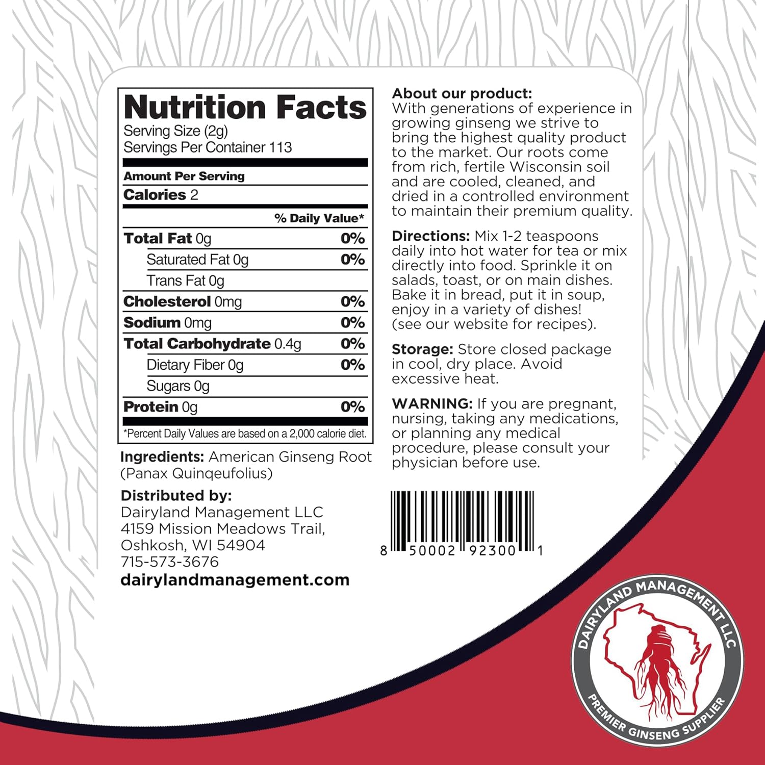 8 oz Pack of Non-GMO Wisconsin Ginseng Root Powder - Dairyland Premium American Ginseng Powder for Smoothies, Baking, Tea - Gluten Free Herbal Supplement
