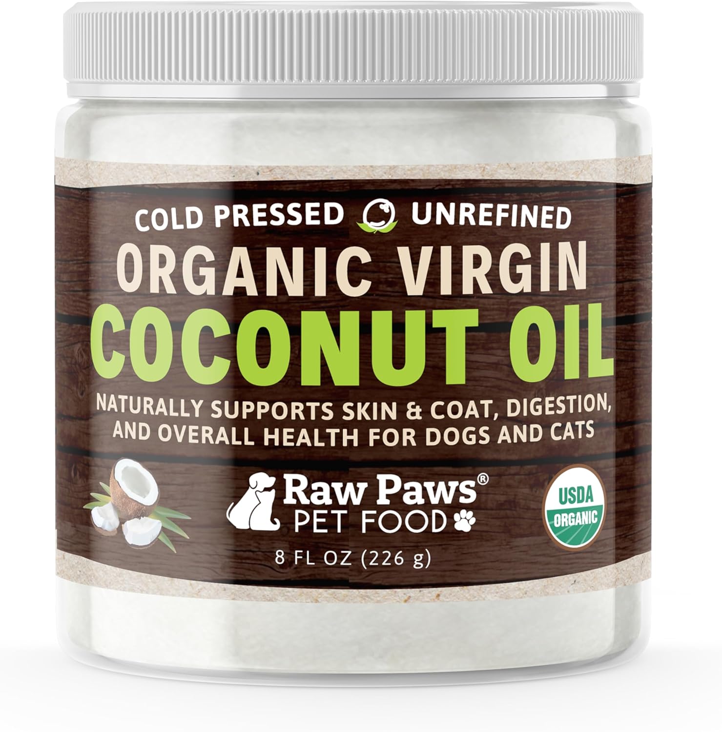 8-oz Raw Paws Organic Virgin Coconut Oil for Dogs & Cats - Boosts Immune & Digestive Health, Oral Care, Thyroid - Natural Allergy & Hairball Relief