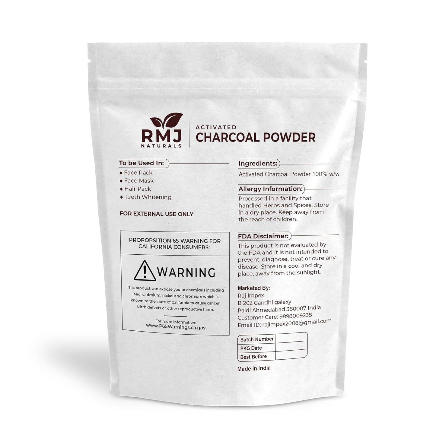 8 oz RMJ Naturals Food Grade Charcoal Powder for Toothpowder and Face Pack - 227 Grams