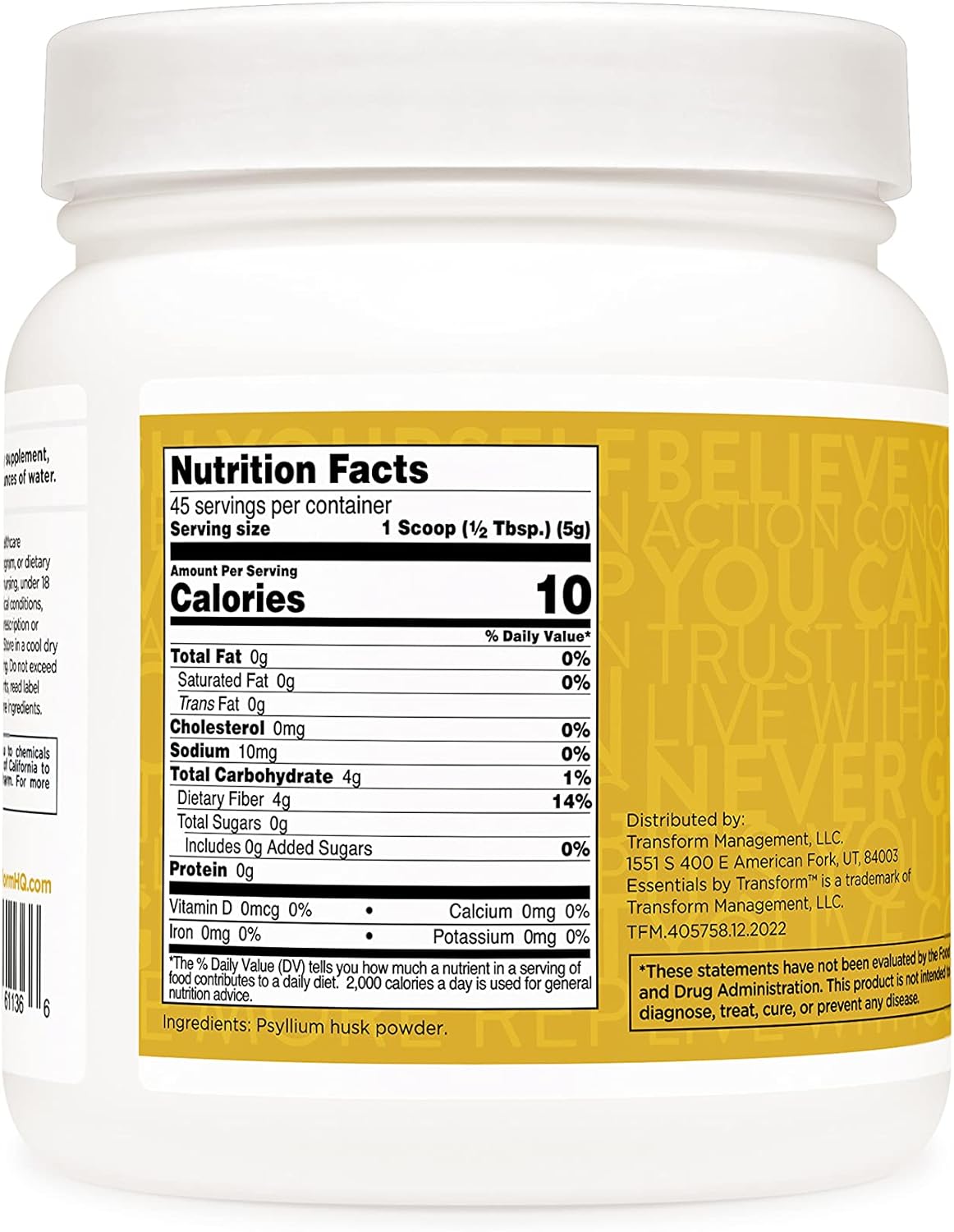 8 OZ TransformHQ Whole Psyllium Husk Powder - 5000mg Per Serving - Gluten Free, Non-GMO Supplement