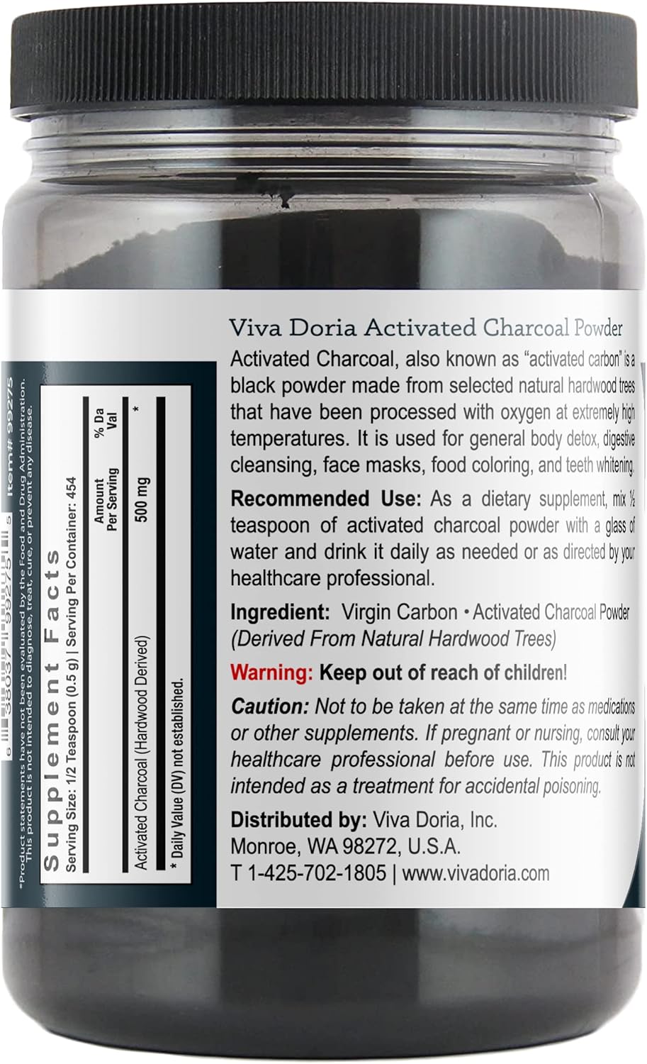 8 Oz Viva Doria Hardwood-Derived Virgin Activated Charcoal Powder - Food Grade