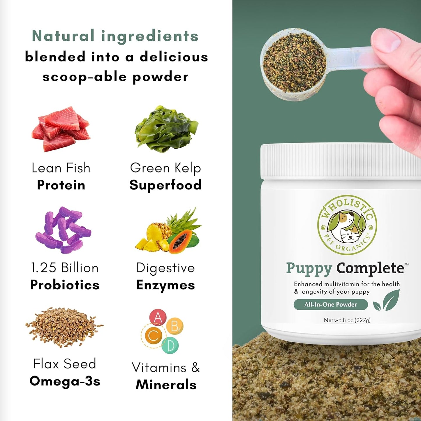 8 Oz Wholistic Pet Organics Puppy Vitamins - Skin and Coat Support Powder for Dogs - Omega 3 Supplement for Dog Itching Relief