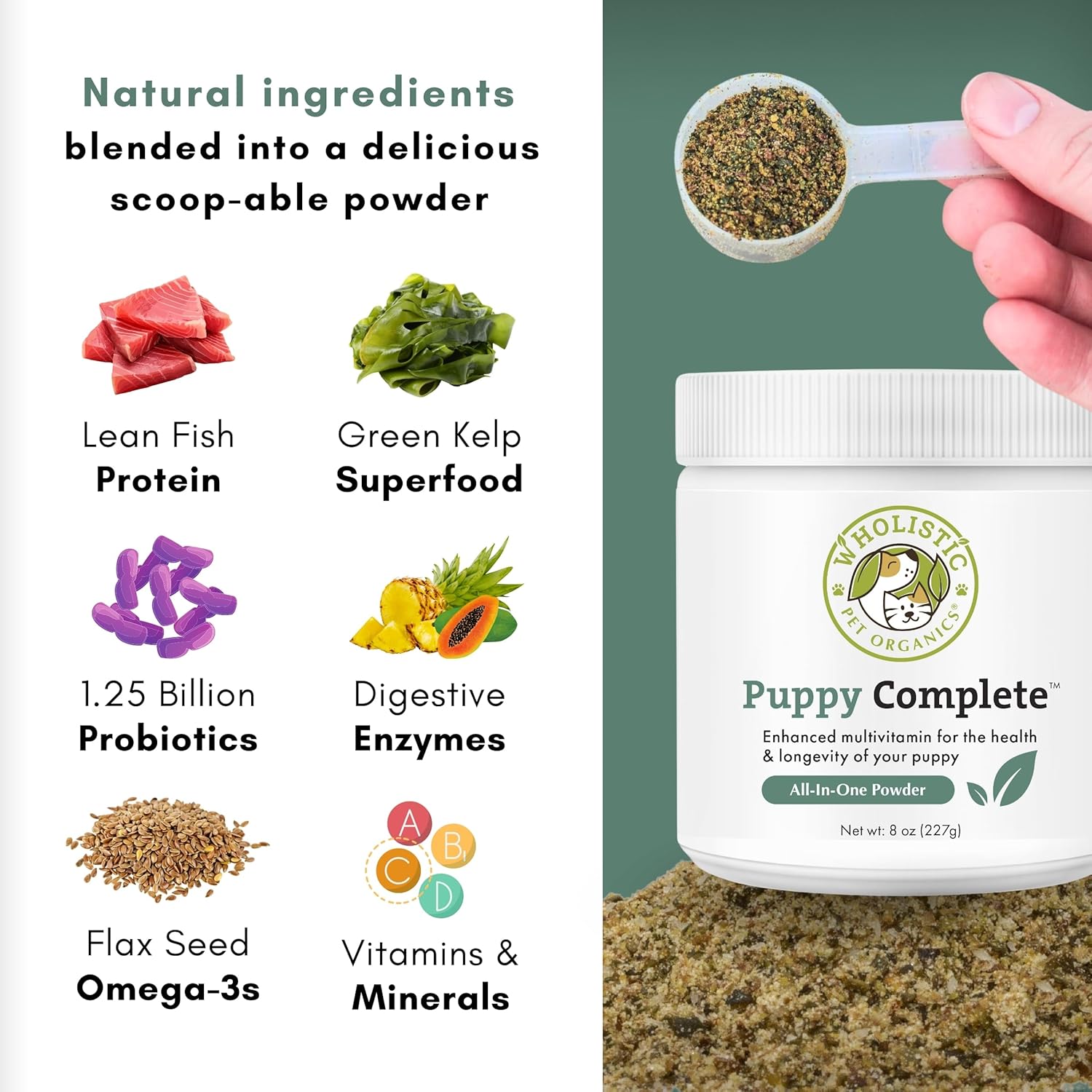 8 Oz Wholistic Pet Organics Puppy Vitamins - Skin and Coat Support Powder for Dogs - Omega 3 Supplement for Dog Itching Relief