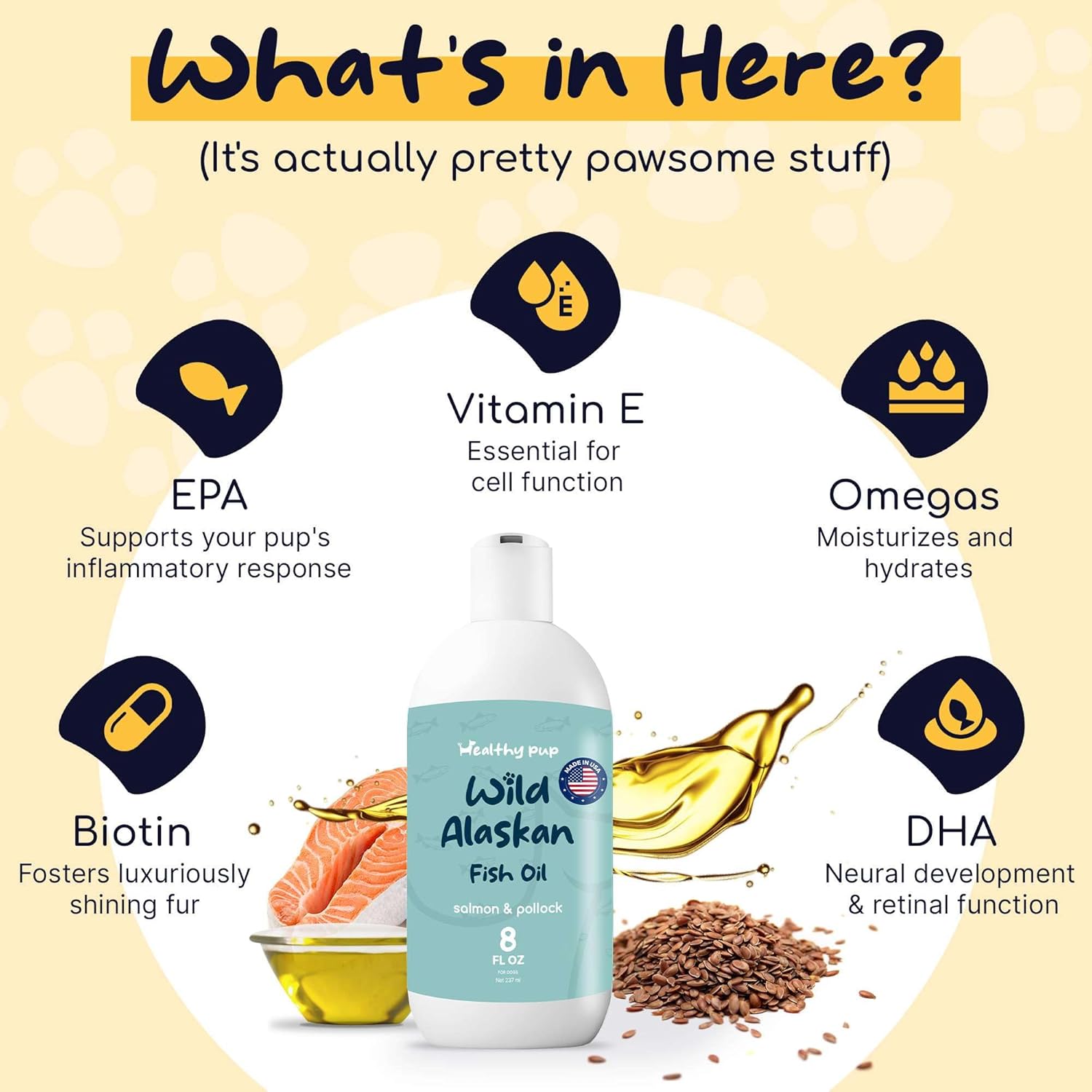 8 oz Wild Alaskan Salmon and Pollock Oil for Dogs - Omega 3, EPA, DHA - Skin and Coat Supplement - Made in USA