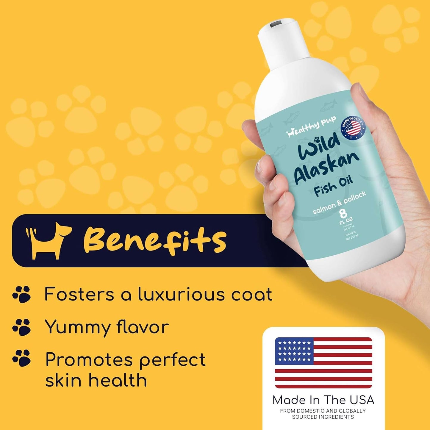 8 oz Wild Alaskan Salmon and Pollock Oil for Dogs - Omega 3, EPA, DHA - Skin and Coat Supplement - Made in USA