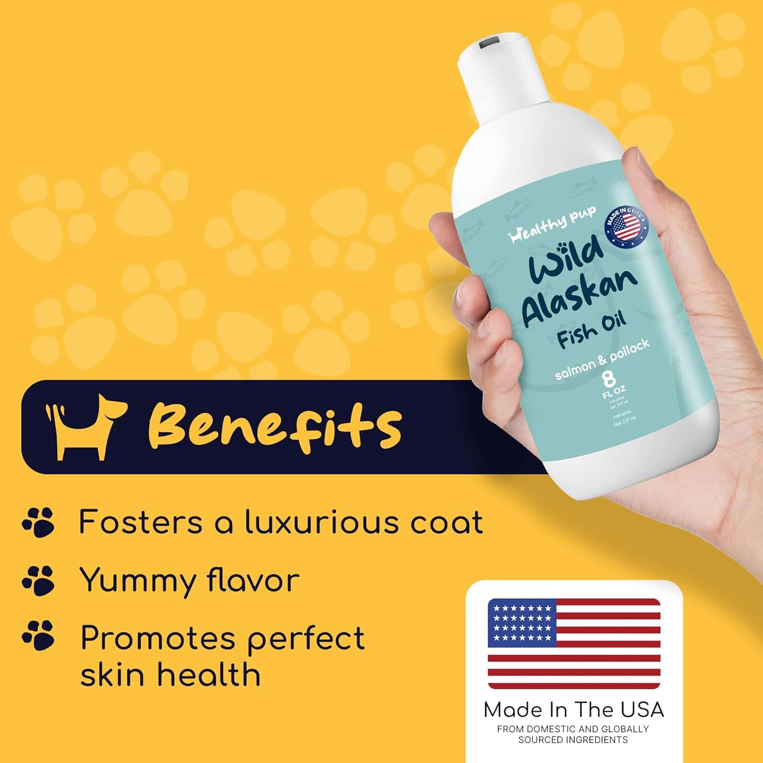 8 oz Wild Alaskan Salmon and Pollock Oil for Dogs - Omega 3, EPA, DHA - Skin and Coat Supplement - Made in USA