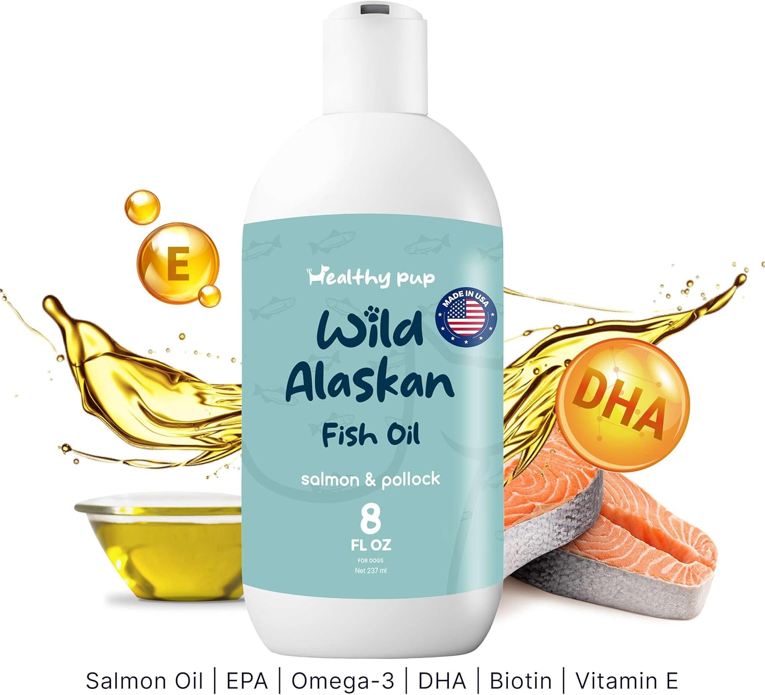 8 oz Wild Alaskan Salmon and Pollock Oil for Dogs - Omega 3, EPA, DHA - Skin and Coat Supplement - Made in USA