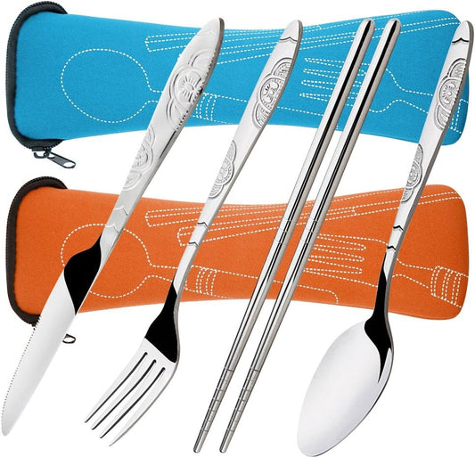 8-Piece Rustproof Stainless Steel Flatware Set with Carrying Case for Traveling, Camping, Picnics - Knife, Fork, Spoon, Chopsticks - 2 Pack