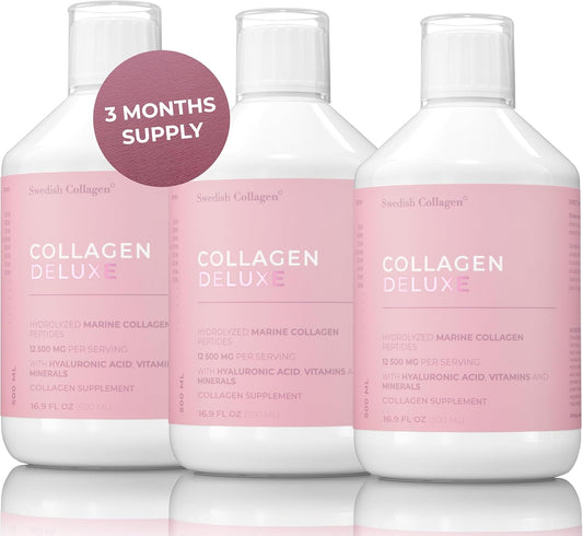 8 Week Supply of Swedish Collagen Deluxe 500ml x 3 - 12500mg Marine Collagen with Hyaluronic Acid, Biotin, Vitamin C - Sugar-Free Formula (Type I & III)