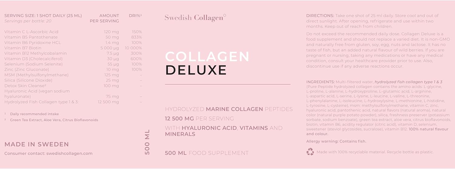 8 Week Supply of Swedish Collagen Deluxe 500ml x 3 - 12500mg Marine Collagen with Hyaluronic Acid, Biotin, Vitamin C - Sugar-Free Formula (Type I & III)